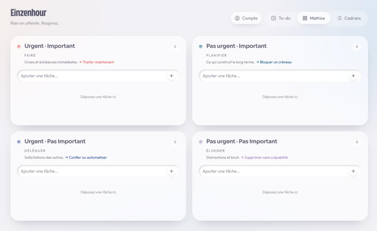 Application de gestion de tâches affichant une matrice de priorisation sur un ordinateur portable