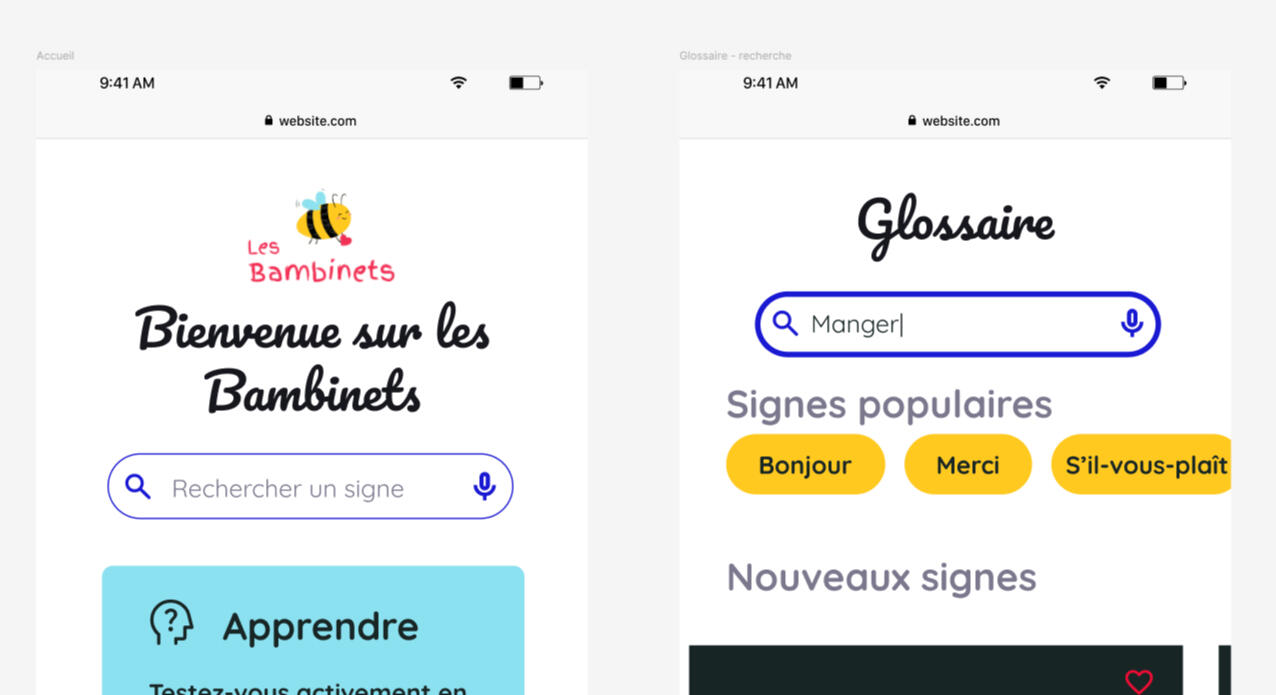 Planches de wireframes et cartes d'interface d'une application d'apprentissage de la langue des signes